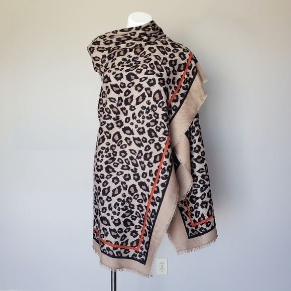 Boho Leopard Cheetah Animal Print Square Wool Scarf Wrap Shawl Raw Hem Trim - Picture 3 of 10